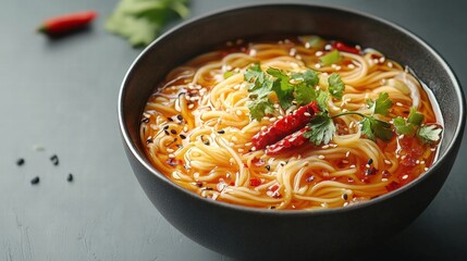 Delicious hot spicy Asian noodle soup with chili peppers fresh herbs and vegetables served in a black bowl on a dark surface