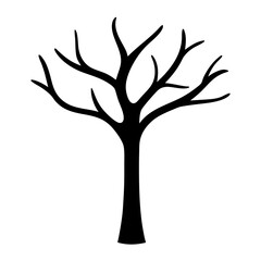 A solitary black tree silhouette against a stark white background art graphic