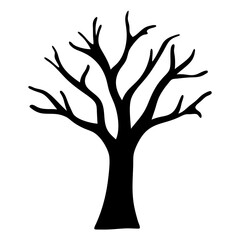 Silhouette of a bare tree with many branches reaching towards the sky