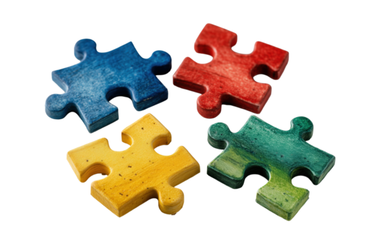 Colorful puzzle pieces in red, blue, green and yellow PNG with a transparent background

