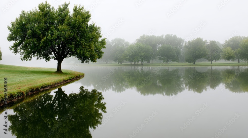 Poster reflective view of an oak tree mirrored in a calm pond at dawn, enveloped in mist. the tranquil atmo