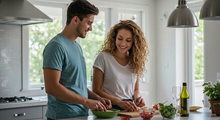 Couple cooking together in a bright kitchen preparing vegetables and smiling at each other happily