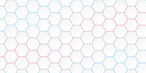 Abstract white futuristic hexagon with blue and pink light. Abstract geometric hexagonal pattern. Hexa. Vector.
