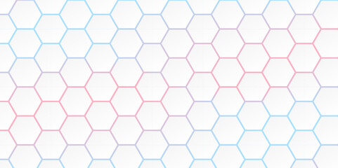 Abstract white futuristic hexagon with blue and pink light. Abstract geometric hexagonal pattern. Hexa. Vector.