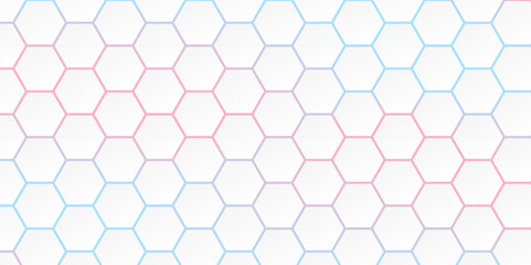 Abstract white futuristic hexagon with blue and pink light. Abstract geometric hexagonal pattern. Hexa. Vector.