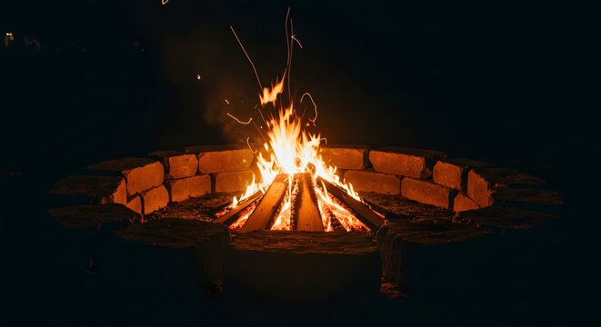 A campfire burns brightly in a brick lined pit against a dark night time background with sparks flying