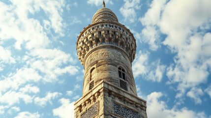 Obraz premium Ancient Minaret Towering Against a Cloudy Sky