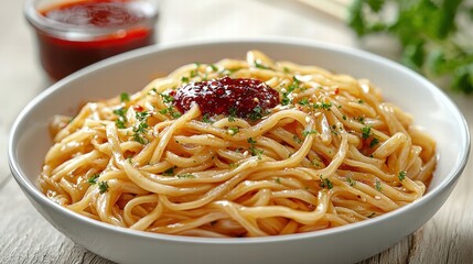 Delicious homemade spaghetti with rich tomato sauce and fresh herbs served in a white bowl for a hearty Italian meal