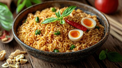 Delicious spicy instant ramen noodle soup dish with soft boiled eggs and fresh herbs served in a rustic bowl on wooden table