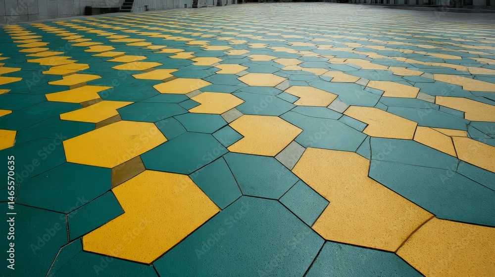 Poster A wide shot captures a colorful mosaic of interlocking hexagonal tiles featuring a dynamic design, set against a clear background with ample copy space