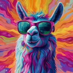 Cool Llama with Sunglasses: Colorful Pop Art Illustration for Fun Designs, Posters & Unique Graphic Projects.