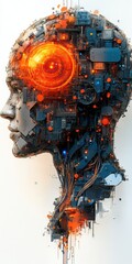 Complex Mechanical Head Profile with Glowing Center, Wires and Circuits, Futuristic Technology, Humanoid Robot Machine