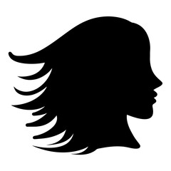 Silhouette of a woman's head with flowing hair blowing in the wind