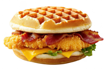 Delicious waffle sandwich with chicken and bacon isolated on transparent background