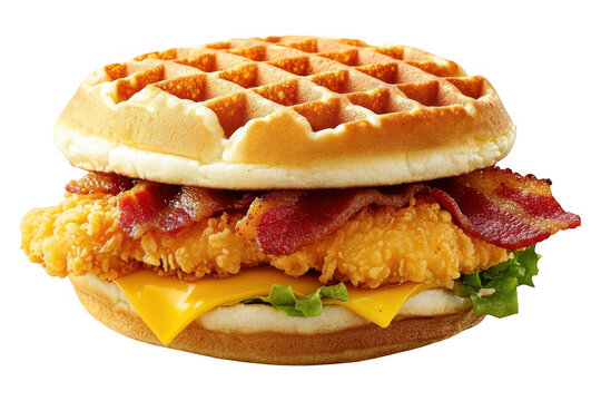 Delicious waffle sandwich with chicken and bacon isolated on transparent background - Powered by Adobe