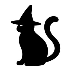 Black cat silhouette wearing a pointed witch hat for Halloween celebration