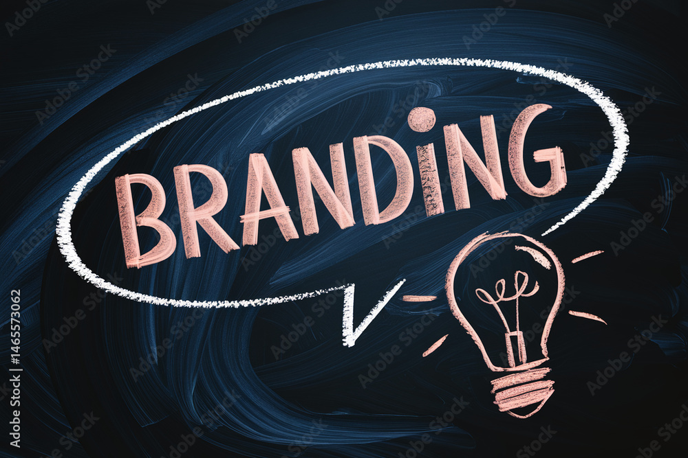 Poster chalkboard drawing of speech bubble with word branding and lightbulb, symbolizing brand development 