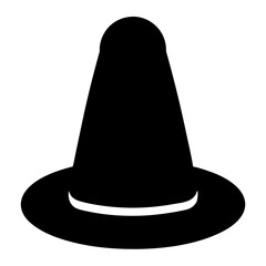 Simple black silhouette of a pointed witch hat on white background