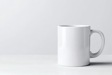 Obraz premium Blank White Coffee Mug on Table - A clean of a single white coffee mug on a white table against a white background. Perfect for mockups or branding