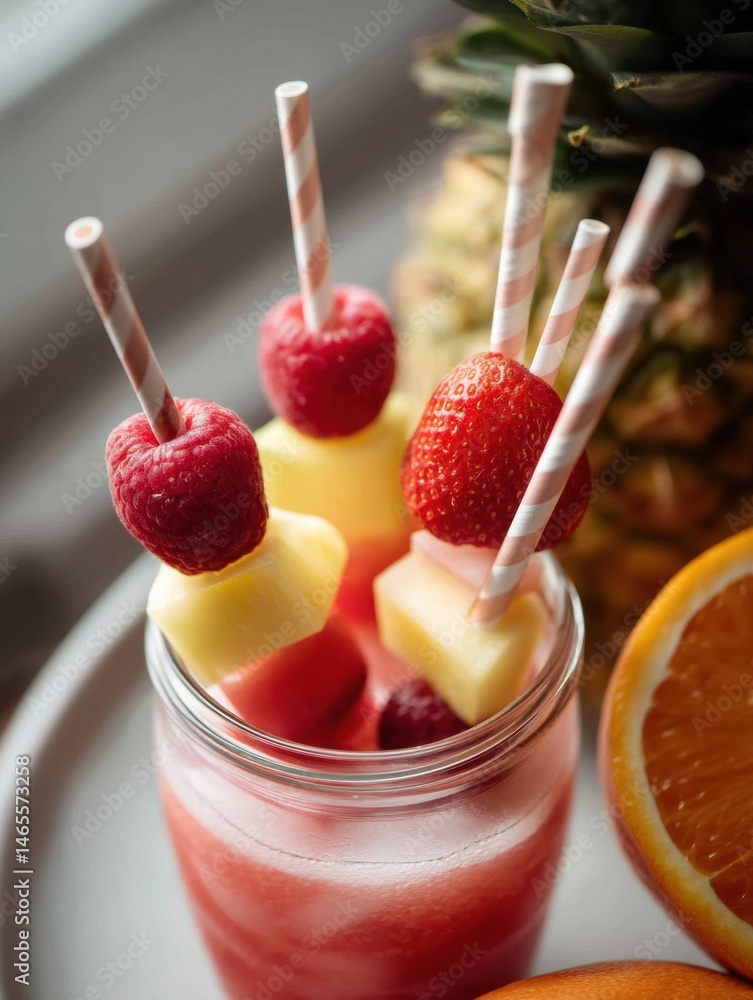 Poster Refreshing Tropical Drink Served in a Jar With Fruit Skewers and Paper Straws on a Bright Sunny Day Generative AI