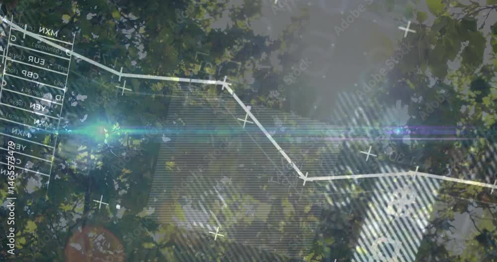 Poster white polyline graph overlaying tree canopy featuring plus icons transparent world map wireframe