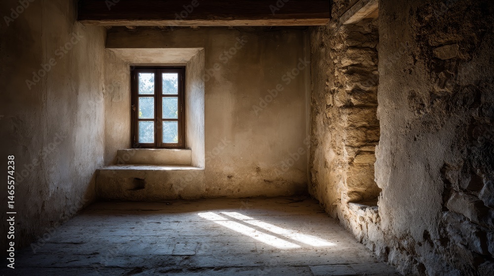 Aufkleber sunlight filters through a narrow window, highlighting aged stone walls and wooden beams in a weathe