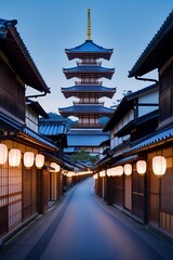 Fototapeta premium traditional japanese street with red lanterns at dusk