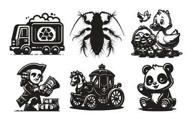 Six Black and White Illustrations Recycling Bug Easter Panda Carriage Pirate