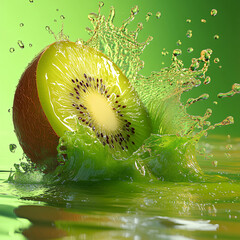 Fresh green kiwi fruit slice in water splash, a healthy and juicy tropical treat