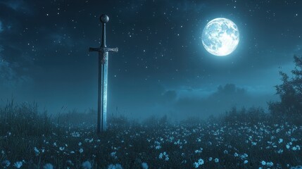 Naklejka premium A knights sword reflecting the stars in a moonlit meadow 