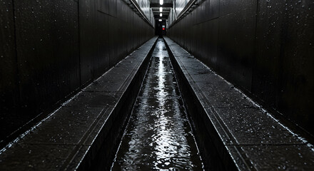 Dark Tunnel With Gleaming Water Reflecting Architecture And Diminishing Perspective