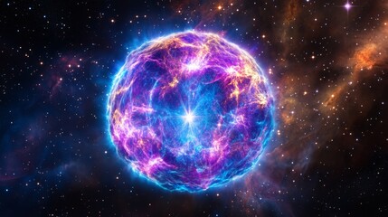 Naklejka premium Celestial Orb: Nebula's Embrace - A vibrant celestial body, radiating cosmic energy, is enveloped by swirling nebulae. Symbolizing creation, power, mystery, infinity, and transformation