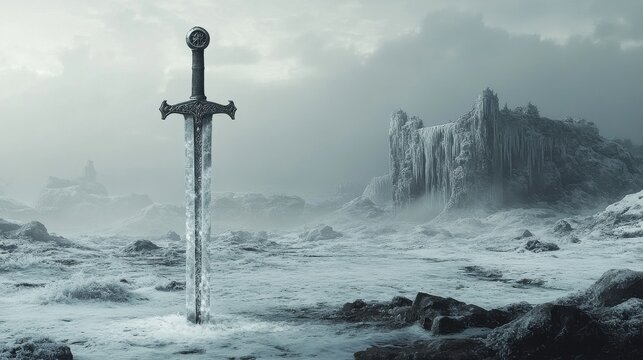 A knights sword covered in frost, standing alone in a frozen wasteland 