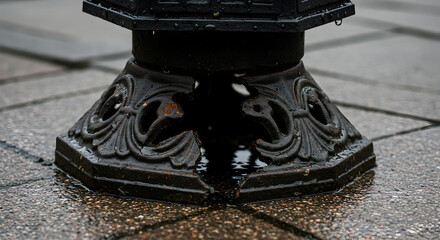 Ornamental Ironwork Base With Raindrops on Wet Pavement After the Rain
