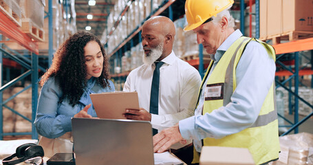 Distribution, people and document in warehouse, laptop and online schedule for stock inventory....