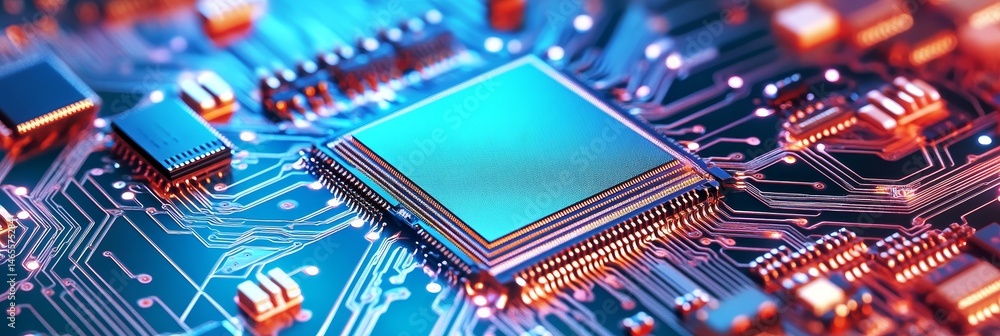 Poster circuitry: a watercolor abstract - symbolizing technology, innovation, connectivity, precision, and 