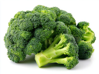 Green broccoli florets on white backdrop, isolated, high resolution