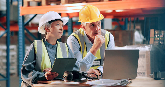 Distribution, people or inspection in warehouse, laptop or online schedule for supply chain. Employees, quality control or planning with safety, stock compliance or tablet with checklist or inventory