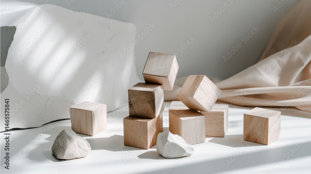 Poster a stack of wooden cubes is arranged in a semi-collapsed formation on a flat white surface