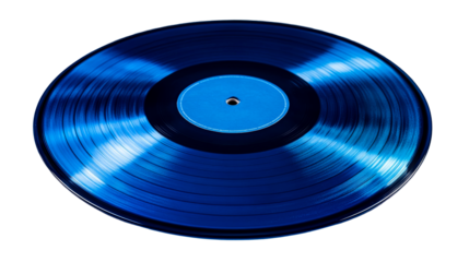 Vibrant blue record, vinyl disk media musical format, cut out transparent