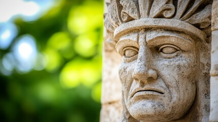 Obraz premium Close Up Stone Carving Native Headpiece - Ancient stone face, serene expression, intricate headdress detail, weathered texture, cultural heritage. Symbolizing history, wisdom, tradition, resilience