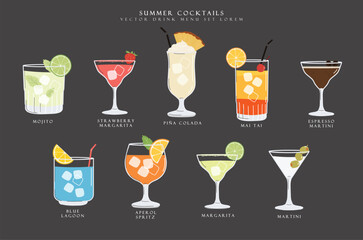 Summer cocktails set. Alcoholic drinks in different glasses. Cocktail menu illustration, black card