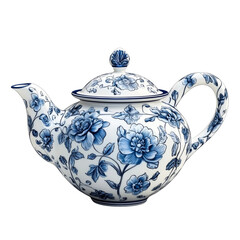Blue floral teapot with lid, oriental crockery, cut out transparent