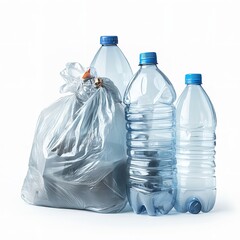 Plastic bottles and a garbage bag arranged together against a white background in a studio shot