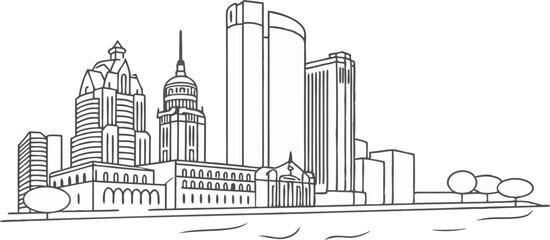 Detroit skyline, showcasing the Renaissance Center and historic buildings in a modern, line drawing style.
