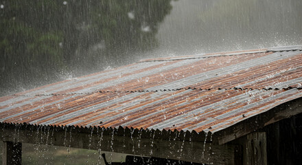 Rustic Weathered Roof Experiencing A Heavy Downpour With Atmospheric Wetness
