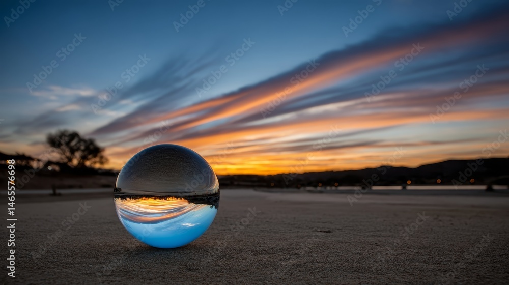 Fototapete a glowing orb hovers over a sunset sky filled with vibrant colors and rotating cosmic clouds, creati