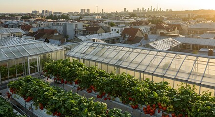 Aerial view of rooftop greenhouse with rows of strawberries and city skyline in the background at sunset