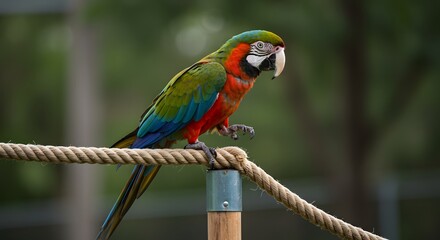 Obraz premium A colorful macaw perched on a rope with a blurred green background in a natural outdoor setting area