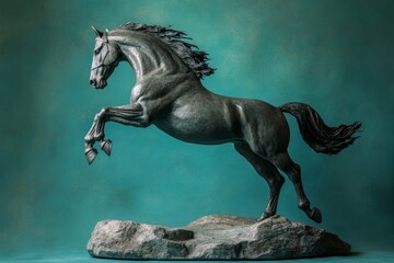 Fototapeta premium Dynamic sculpted horse in mid-leap against a teal backdrop.